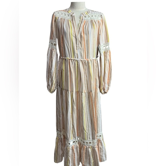 Lemlem Retta-Lace Trimmed Metallic Striped Tencel Blend Peasant Dress NWT XS - Picture 5 of 9